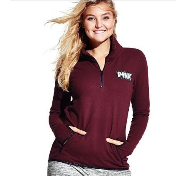 PINK Victoria's Secret Tops - PINK Victoria Secret Maroon Fleece Quarter Zip Pullover Sweatshirt Women Medium